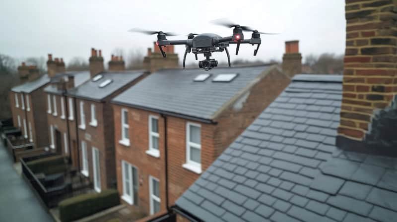 A drone flying over houses carrying out a roof survey