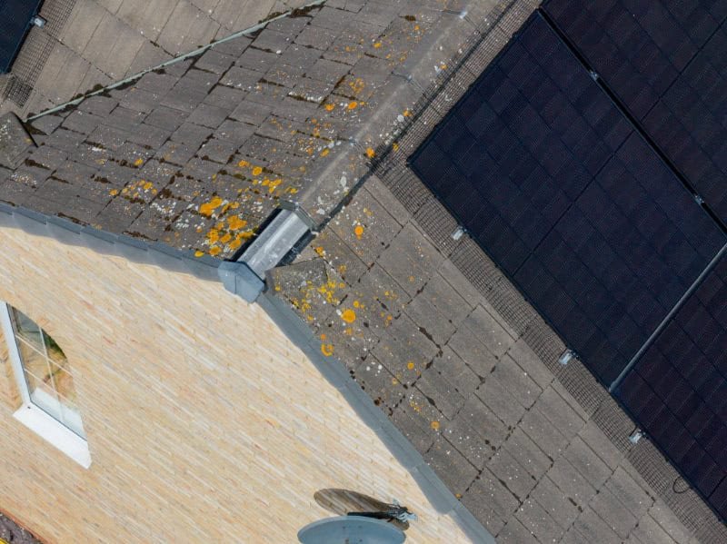 Aerial drone view of a roof showing a broken verge tile