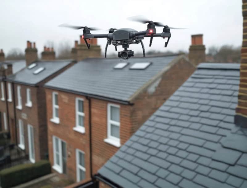 drone-roof-surveys-and-inspections-leicester A drone flying over houses during a roof survey