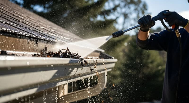 Gutters being cleaned and washed out on a property in Leicester