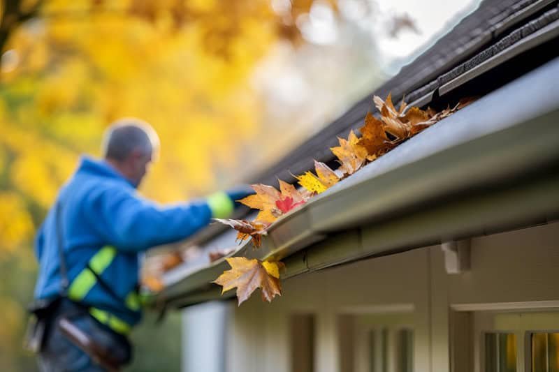 roof-and-gutter-cleaning-leicester A roofer clearing leaves from guttering by hand