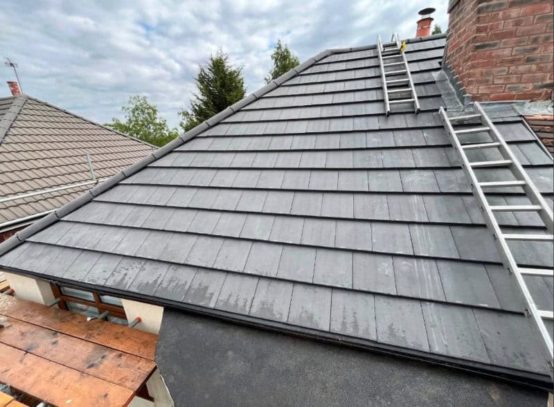 A brand new roof in Lutterworth with ladders still in place